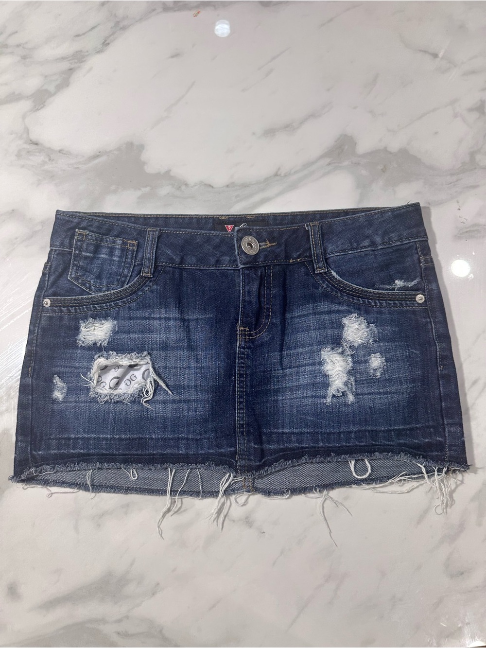 VINTAGE GUESS Y2K Denim Jeans Blue Micro Mini Skirt Distressed Size 28